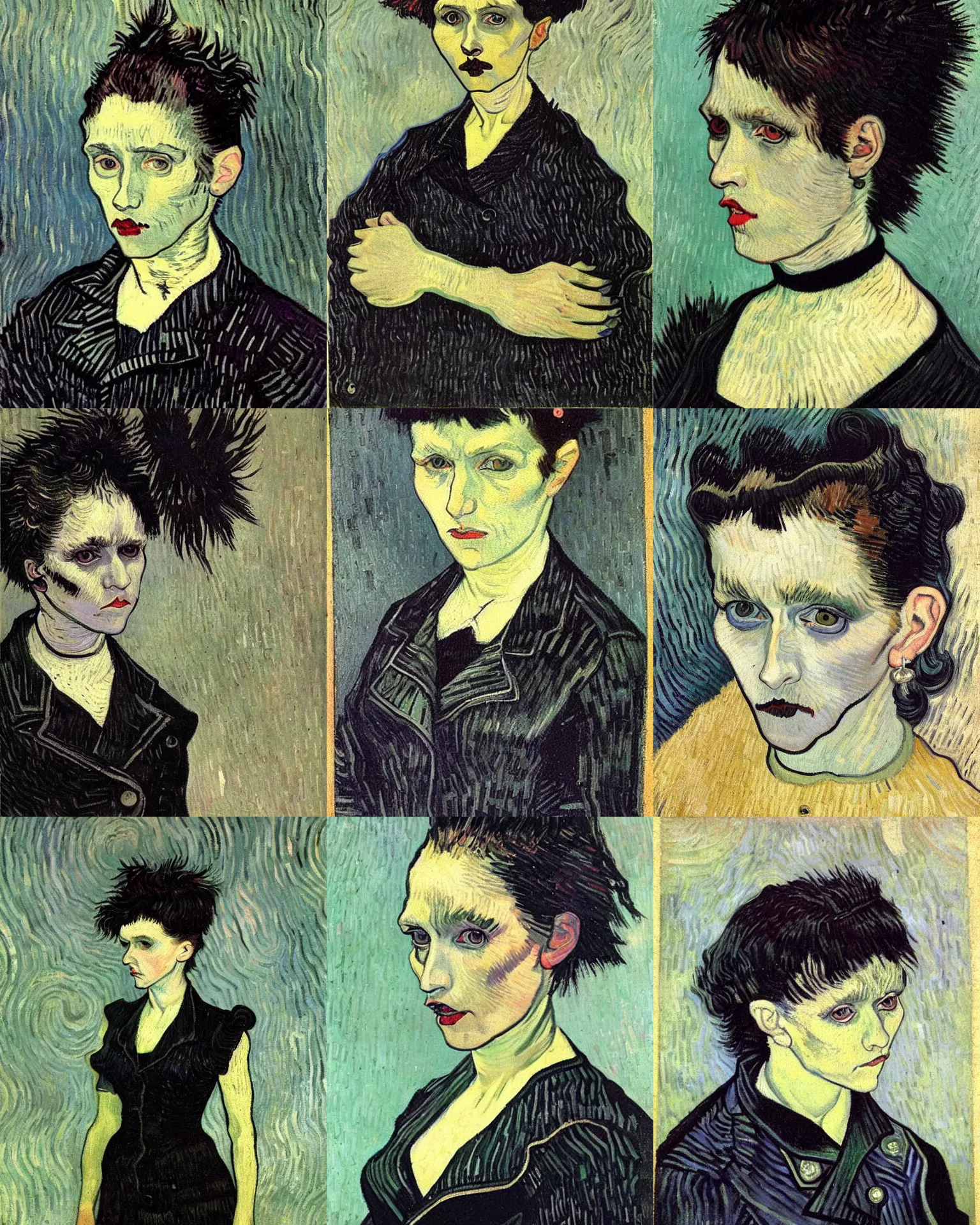 Prompt: A goth portrait by Vincent van Gogh. Her hair is dark brown and cut into a short, messy pixie cut. She has a slightly rounded face, with a pointed chin, large entirely-black eyes, and a small nose. She is wearing a black tank top, a black leather jacket, a black knee-length skirt, a black choker, and black leather boots.