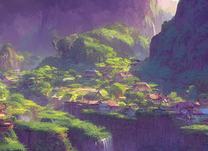 Image similar to concept art painting of a distant small woodland village by a river in a mountain valley seen from above, early morning, european japanese buildings, cel shaded, realistic, by makoto shinkai and moebius and anton fadeev and greg rutkowski and james gurney