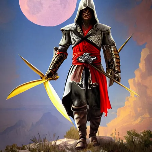 Image similar to an ultra detailed vector image of ezio auditore dressed as solaire of astora, concept art by alphonse mucha and greg rutkowski, praise the blood moon, octane render, liminal space