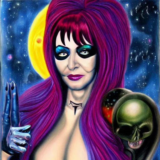 Image similar to Elvira as a cosmic super villain, dark oil painting by crypt keeper