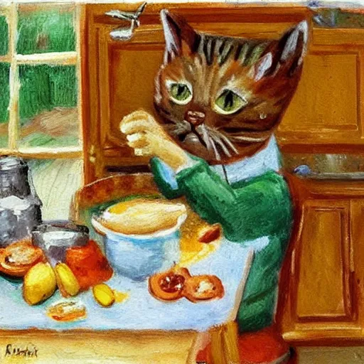 Image similar to a cute cat cooking a breakfast, impressionist painting, masterful
