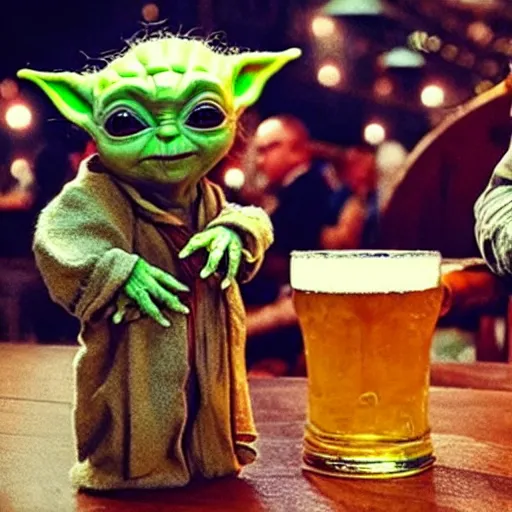 Image similar to “Baby yoda and Groot drinking beer at Oktoberfest , cinematic lighting”