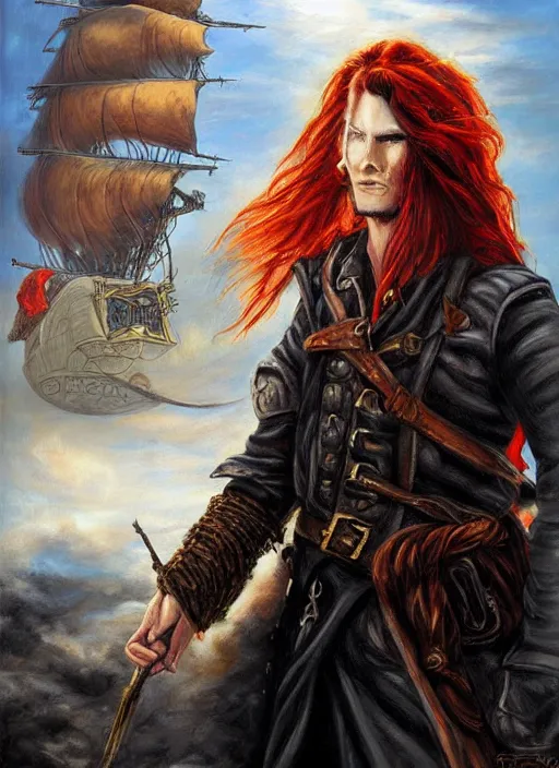 Prompt: epic fantasy portrait painting of a long haired, red headed male sky - pirate in front of an airship in the style of the matrix