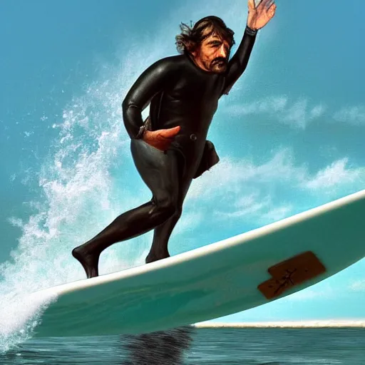 Prompt: rene descartes on a surboard. surfing. artstation. hd