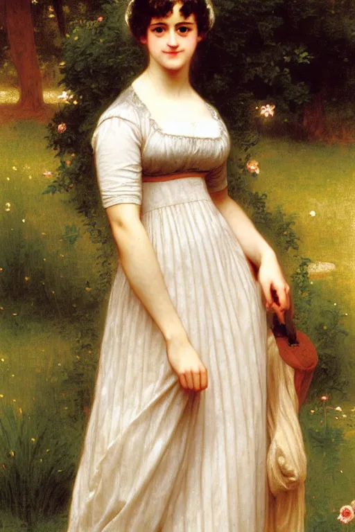 Image similar to jane austen in high - waisted dress, painting by rossetti bouguereau, detailed art, artstation