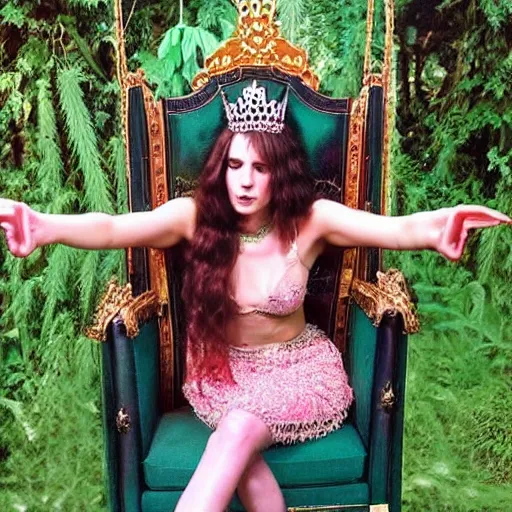 Prompt: princess of cannabis, extremely realistic, sitting a throne made of hemp, smoking a bowl from a huge bong