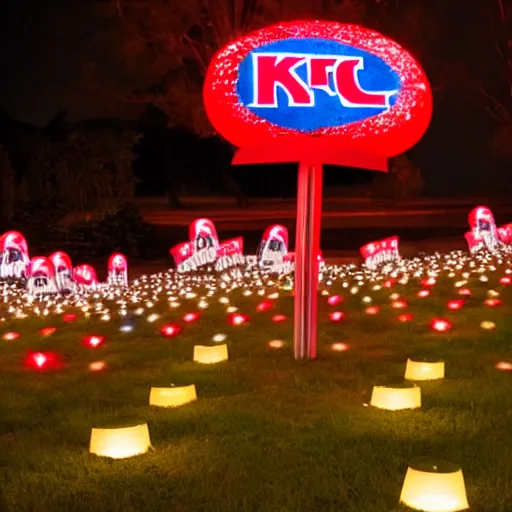 Image similar to a photo of a landscape with many lit up KFC bucket signs on sticks sticking out of it