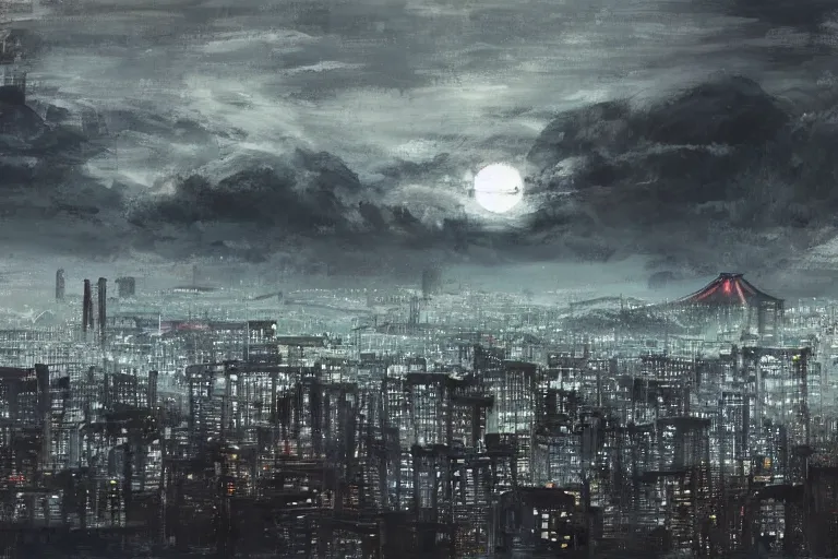 Prompt: concept art, landscape of tokyo, rising black sun, dystopia, paint style, high detail