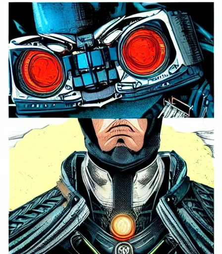 Prompt: hyper detailed comic illustration of a Atompunk Batman, markings on his face, by by Android Jones intricate details, bright vibrant colors , solid background, low angle fish eye lens