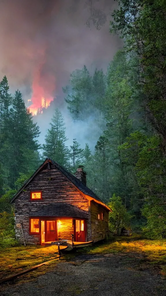 Image similar to small wooden cottage in the forest at night, smoke coming out of the chimney, nocturnal, redwood trees, peaceful, river running past the cottage, a wooden rowing boat, galaxy in the night sky, by stephen king