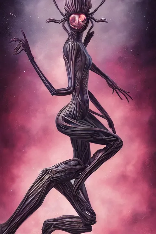 Image similar to portrait of an elegant alien spider queen, long legs, many legs, spindly legs, full body character concept art, by artgerm, tom bagshaw, gerald brom, vaporwave colors, lo - fi colors, vaporwave, lo - fi, moody vibe, goth vibe, 4 k, hd,