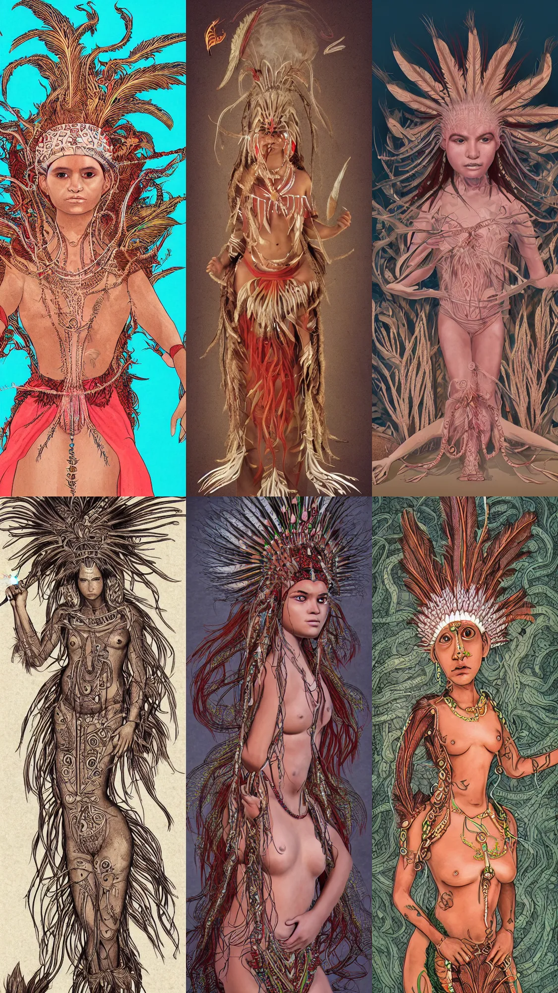 Prompt: cuaxolotl, is a beautiful young indigenous mexican woman, she appears as the fire goddess and the fertility goddess. a a beautiful young indigenous mexican princess. shiny quetzal feathers, intricate 8 k detail, techno artwork, vesalius anatomy, rubberhose animation character style, dance photography sofie dossi jordan matter, dressed as a catholic nun