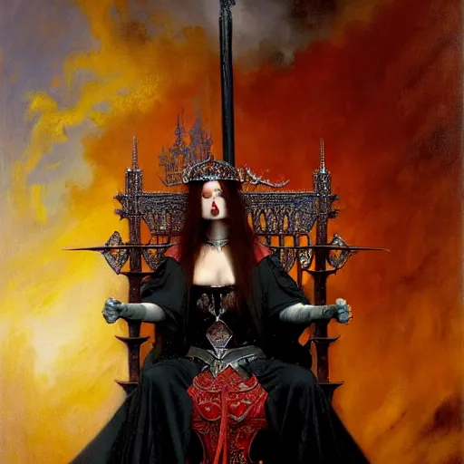 Prompt: full body portrait of red skinned, masked queen in black gothic robes sitting on a throne of swords, elegant, highly detailed painting by gaston bussiere, craig mullins, j. c. leyendecker, 8 k, mid shot