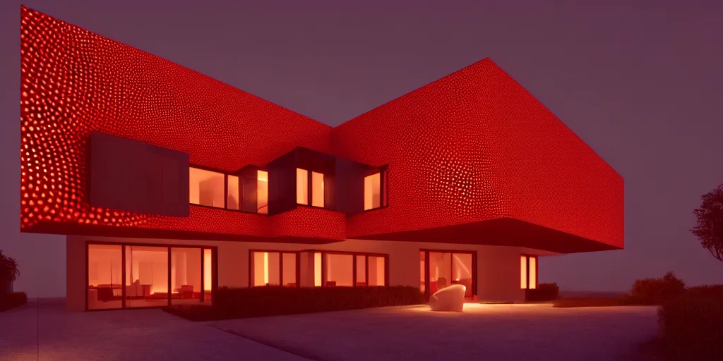 Prompt: A beautiful architectural rendering of a trypophobia house with a mysterious red glow emitting from inside, stunning, photorealistic, cgsociety, featured on artstation, 4k resolution