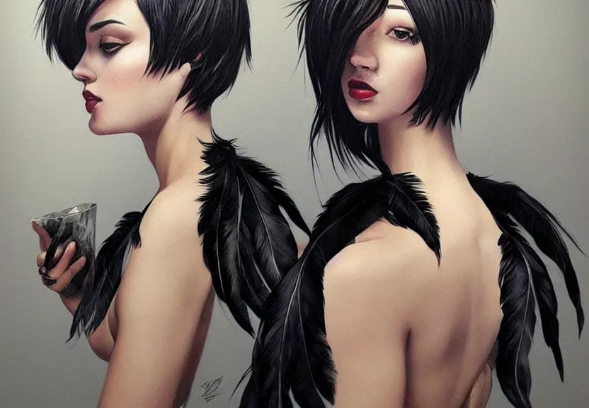 Image similar to beautiful girl with a short black haircut wearing a dress made of black feathers, artwork in artgerm art style, anatomically perfect