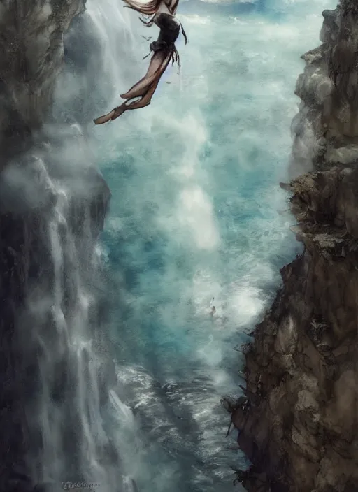 Image similar to portrait, of a flying girl over waterfall, watercolor, dramatic lighting, cinematic, establishing shot, extremely high detail, foto realistic, cinematic lighting, pen and ink, intricate line drawings, by Yoshitaka Amano, Ruan Jia, Kentaro Miura, Artgerm, post processed, concept art, artstation, matte painting, style by eddie mendoza, raphael lacoste, alex ross