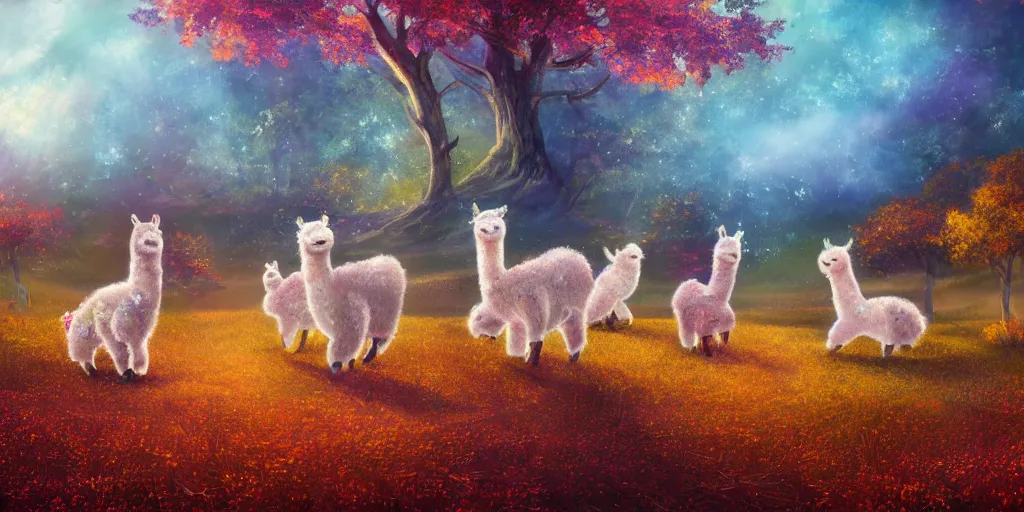 Image similar to magical fairy alpacas frolicking in a field, autumn, sparkles, light beams, digital art, oil painting, fantasy, 8 k, trending on artstation, detailed