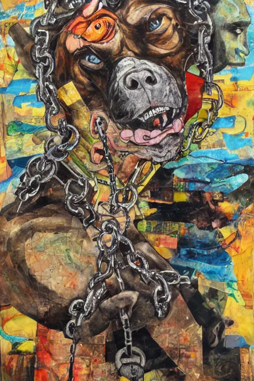 Image similar to mad dog on a chain, collage, acrylic on canvas, expressionism movement, breathtaking detailed, by blake neubert
