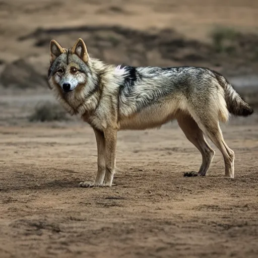 Image similar to professional photograph of a mud - colored wolf, high quality, hd, 8 k, 4 k, magnificent, award - winning, nature, nature photography, awe - inspiring, highly detailed, amazing