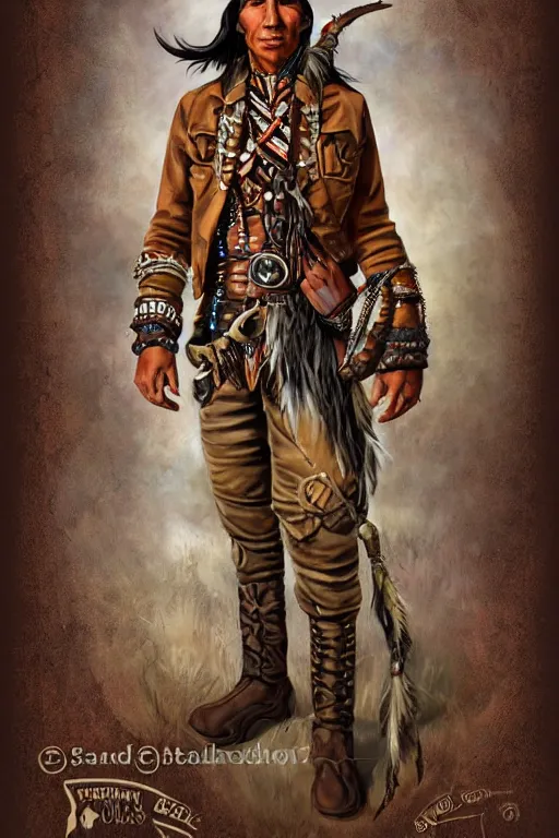Prompt: deadlands character portrait of a thin native american indian man in his early 3 0 s, wearing traditional cargo buckskin jacket buckskin tactical toolbelt pockets bandolier full of trinket and baubles, steampunk arcane tribal shaman, weird west, by steve henderson, sandra chevrier, alex horley