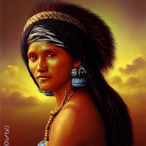 Prompt: portrait of an arara ( rondonia ) woman ( 3 5 ) from rondonia, brazil, an oil painting by ross tran and thomas kincade