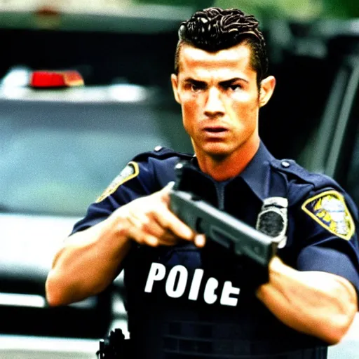 Image similar to movie still portrait of cristiano ronaldo as a police officer in the movie Heat (1995), cinematic, dante spinotti,