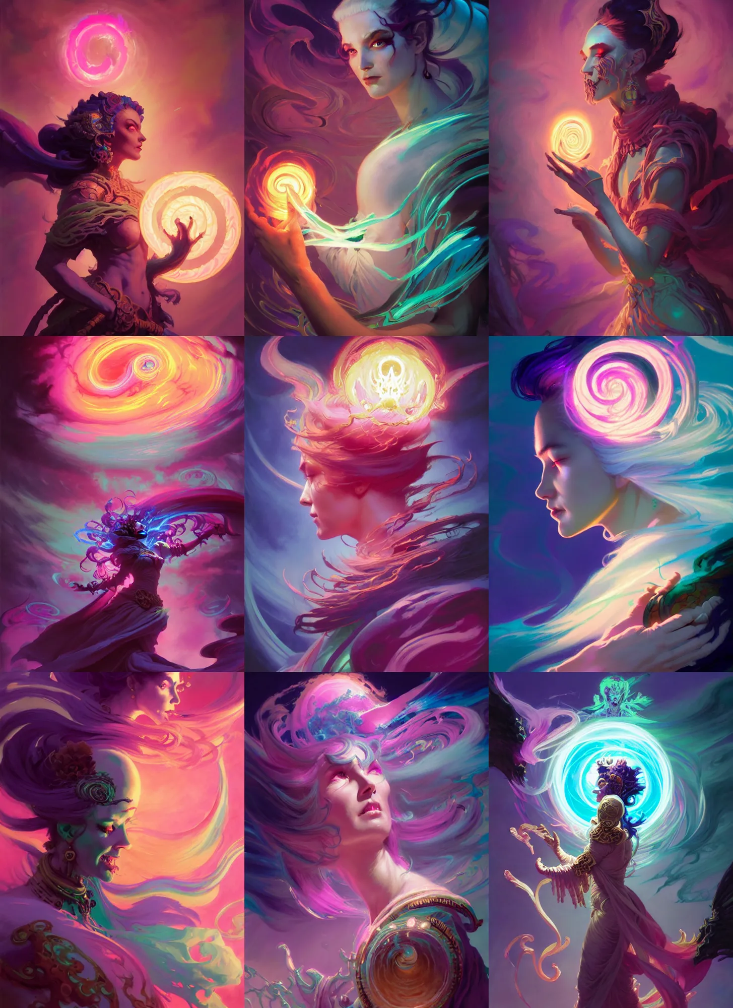 Prompt: side profile, chaotic soultaker necromancer god, gloomhaven, luminescent, colorful swirly magic ripples, pastel colors, by greg manchess, huang guangjian, gil elvgren, sachin teng, greg rutkowski, jesper ejsing, ilya kuvshinov