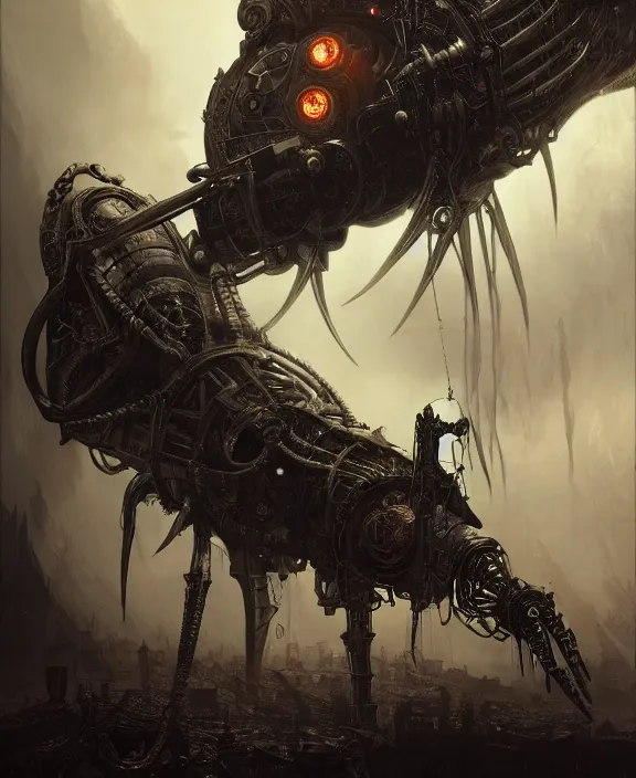 Image similar to steampunk style Sauron, futuristic technology, menacing pose, by HR Giger and Beksiński and Stephan Martiniere , 4k resolution, detailed, trending on artstation