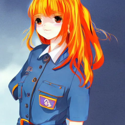 Image similar to very beautiful young anime girl with orange hair, dressed in soviet pioneer uniform, full body, long wavy blonde hair, sky blue eyes, full round face, bikini, miniskirt, front view, middle, highly detailed, colored manga drawing by wlop popular on artstation