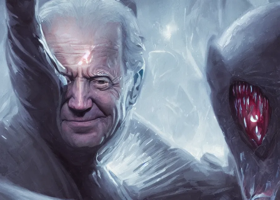 Image similar to painting of Joe Biden, Sidious, noxious, cosmic horror, evil, dangerous, nightmare, sharp focus, waist up, trending on ArtStation, masterpiece, by Greg Rutkowski, by Ross Tran, by Fenghua Zhong, octane, clear eyes, soft render, clear facial features, oil on canvas, moody lighting, cinematic, professional environment concept art