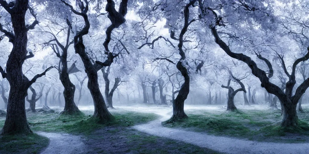 Image similar to a fantasy landscape with white beautiful trees