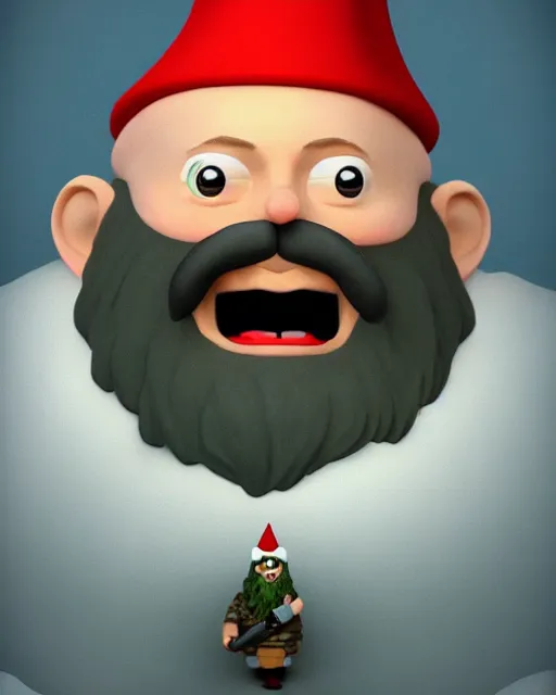 Prompt: bald gnome with big white beard holding a dagger and bomb running through a field looking angry.