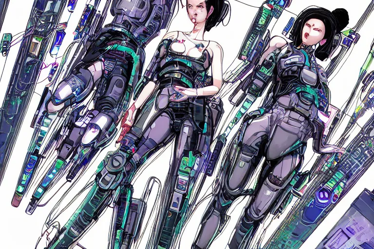Image similar to a cyberpunk illustration of a group of three female androids in style of masamune shirow, lying on an empty, white floor with their bodies rotated in different poses and cables and wires coming out, by yukito kishiro and katsuhiro otomo, hyper-detailed, intricate, view from above
