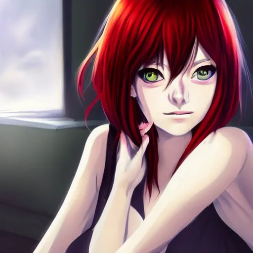 Prompt: Anime portrait of Emma Stone, red hair, trending on pixiv