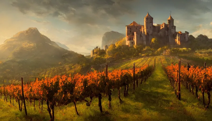 Prompt: a beautiful establishing shot of toussaint castle and vineyards, warm colors by greg rutkowski and kalin popov, trending on artstation, masterpiece,