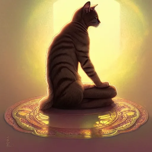 Image similar to a cat meditating in lotus position, emiting mystical light, intricate, elegant, highly detailed, my rendition, digital painting, artstation, concept art, smooth, sharp focus, radiant light, illustration, art by artgerm and greg rutkowski and alphonse mucha