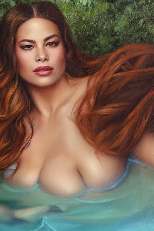 Prompt: a stunning ultra realistic fine art painting of Sofia Vergara by a pool, by tom bagshaw, studio portrait, vibrant colors, 4K
