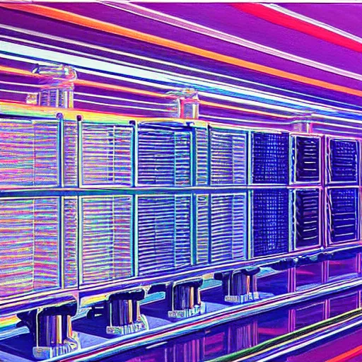 Image similar to a painting by Wayne Thiebaud of a high end GPU crypto farm, cooling, high specs, ethereal!!!!!!!, by Wayne Thiebaud, neon gradient, highly detailed GPU