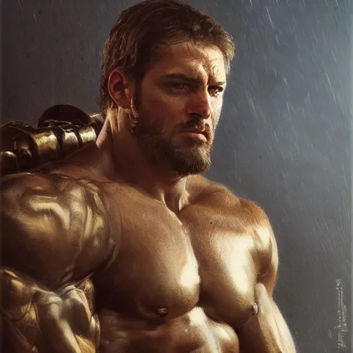 Image similar to handsome portrait of a spartan guy bodybuilder posing, radiant light, caustics, war hero, metal gear, steel bull run, by gaston bussiere, bayard wu, greg rutkowski, giger, maxim verehin