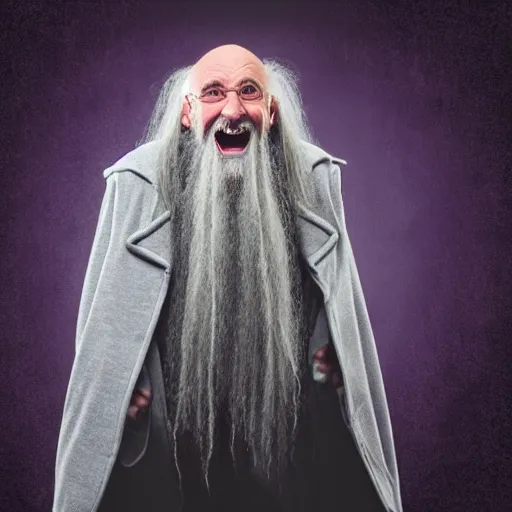 Image similar to an old bald mad wizard with bushy grey eyebrows, long grey hair and wearing a grey wizard hat, disheveled, wise old man, wearing a purple detailed coat, a bushy grey beard, sorcerer, he is yelling and laughing