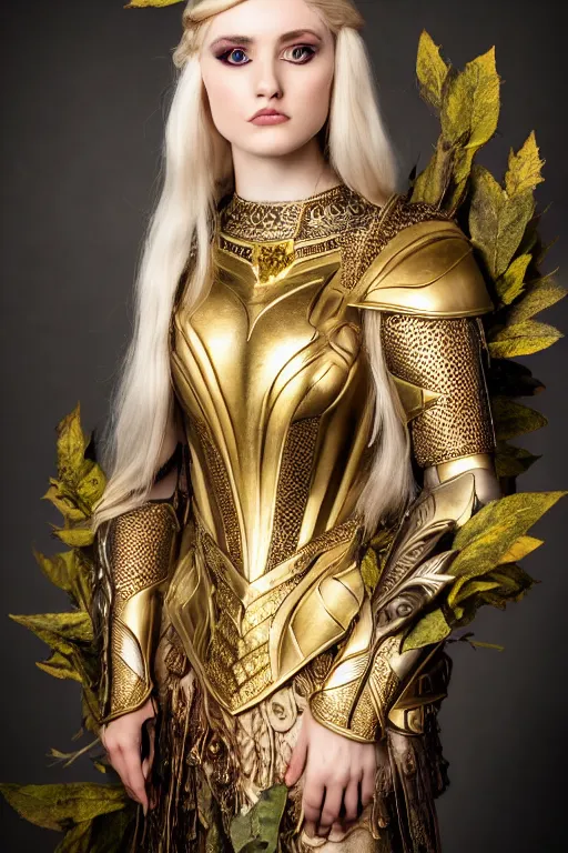 Prompt: very beautiful elven top model, golden hair, wearing dolce & gabbana gothic victorian armor with leaves and flowers, luxury materials, symmetrical, cinematic, elegant, professional studio light, real dlsr photography, sharp focus, 4 k, ultra hd, sense of awe, high fashion