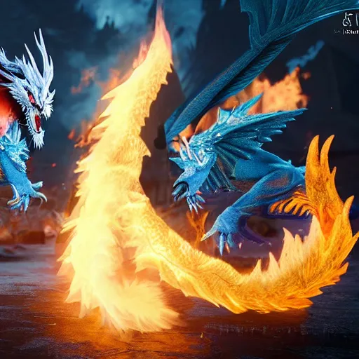 Image similar to ice Phoenix fighting against fire dragon, 8k, Unreal engine, realistic