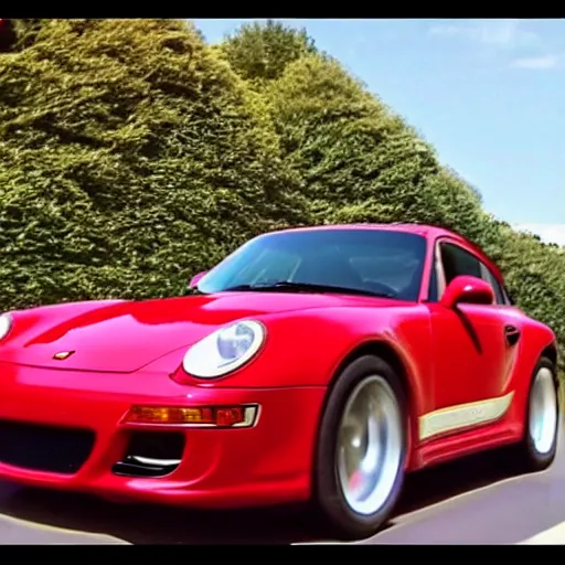 Prompt: screenshot of Ferris Bueller's Day Off Ferris driving red 997 GT2 Widowmaker