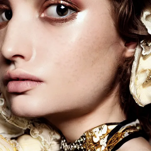 Image similar to close up of face of female fashion model, baroque style, beige colors, official vogue editorial, highly detailed