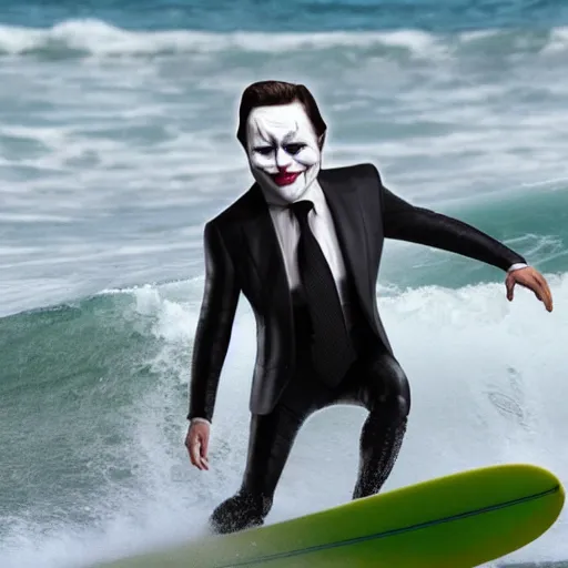 Prompt: surfing elon musk as mr. bean as the joker from batman, surfing still from batman vs bean at the beach, 2 0 2 0