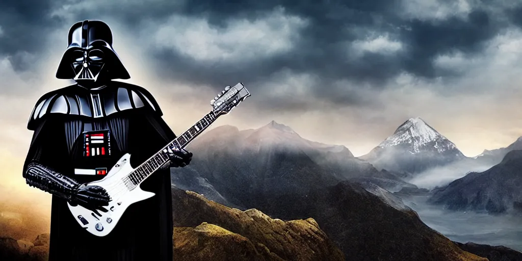 Image similar to Darth Vader playing electric guitar on top of mountain, epic landscape, guitar guitar guitar guitar guitar