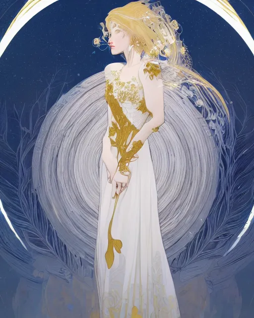 Image similar to portrait of an ethereal woman with pale hair and gold eyes wearing a flowing white and gold gown surrounded by feather motifs in the style of ilya kuvshinov and greg rutkowski and alphonse mucha and kay nielsen and ross tran and artgerm, intricate, digital painting, concept art