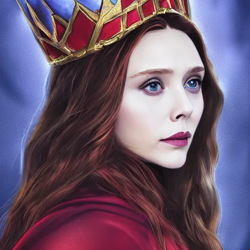 Prompt: A portrait of elizabeth Olsen as scarlet witch with the scarlet witch crown, cinematic, digital art, amazing detail