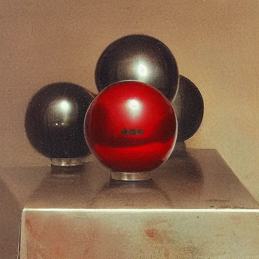 Prompt: chrome spheres on a red cube by gabriel metsu