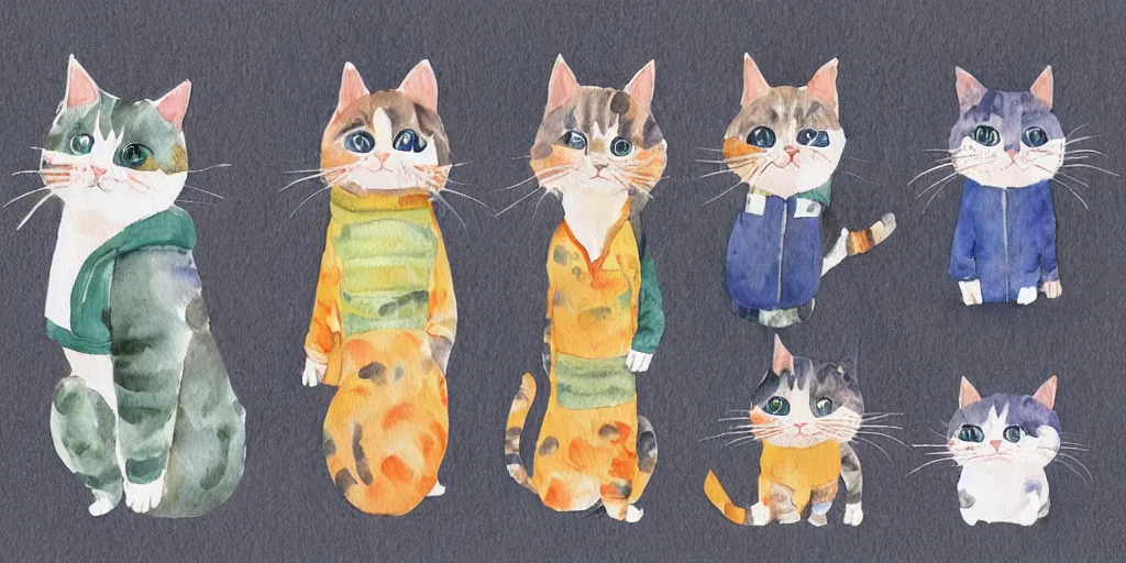 Prompt: watercolor illustration style, cute! cats!!! in jackets grow up like specialist and became professionals, business, inspiring art